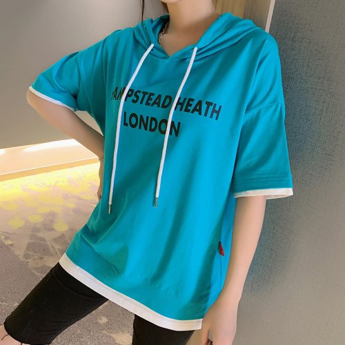 Letter Design Short Sleeve Hoodie 2021-63