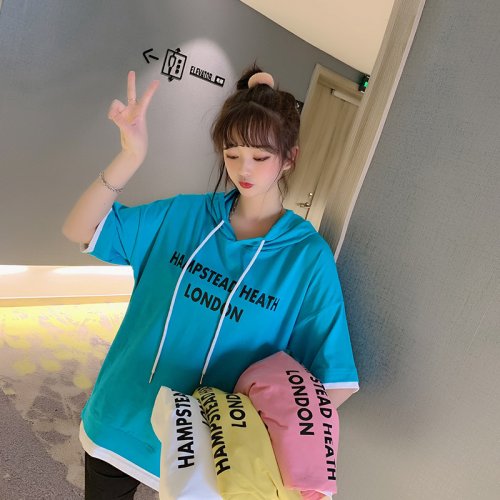 Letter Design Short Sleeve Hoodie 2021-63